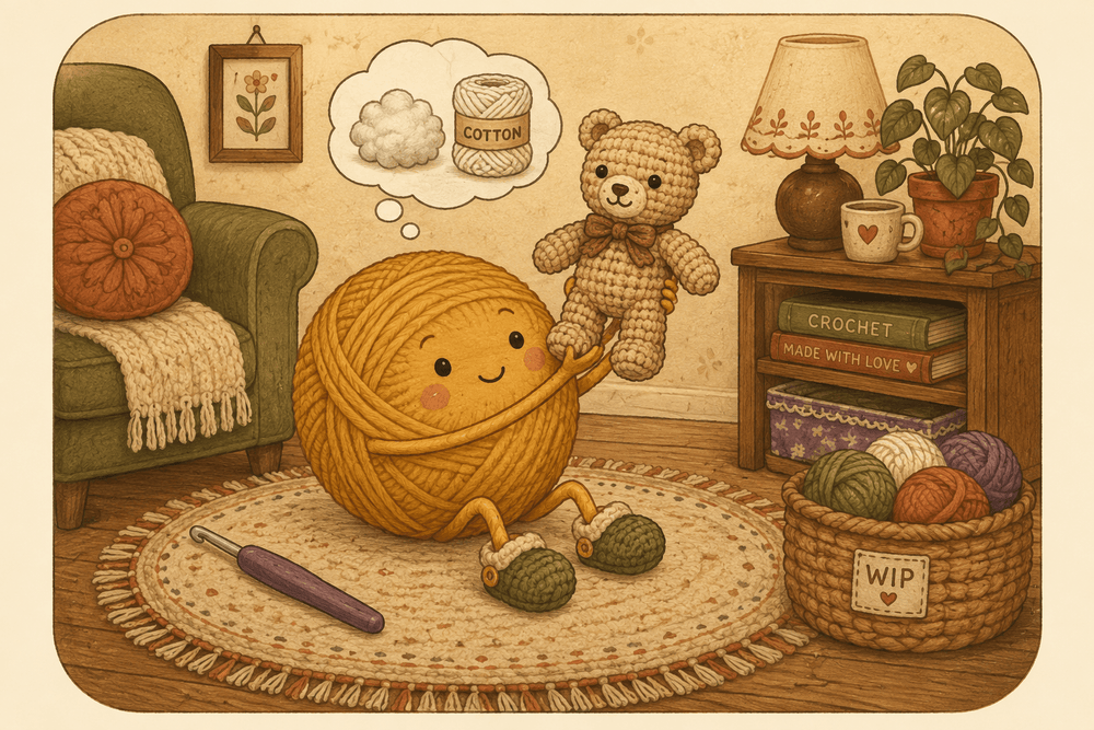 Illustratie van een vermenselijkte bol garen die trots een zelfgehaakt amigurumi beertje vasthoudt