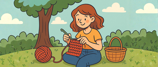 Een vrouw onder een boom in een park is aan het haken voor beginners