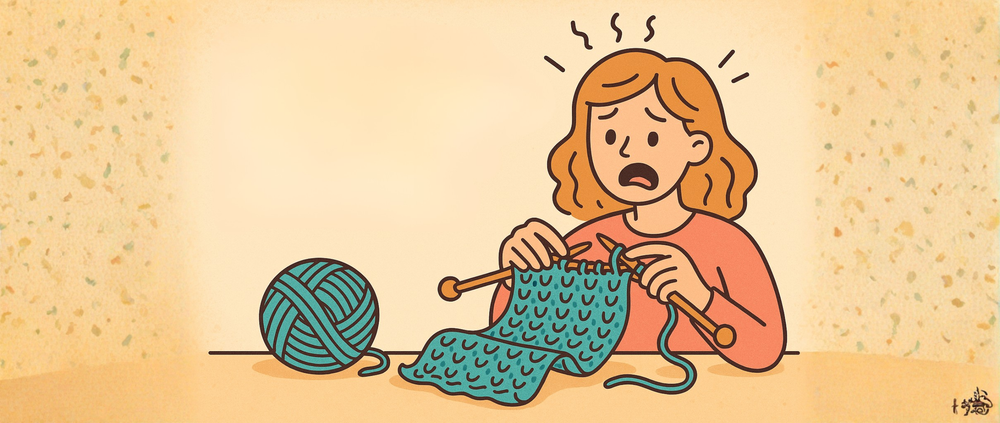 Een vrouw die geschrokken en balend kijkt naar haar haakwerk dat opkrult