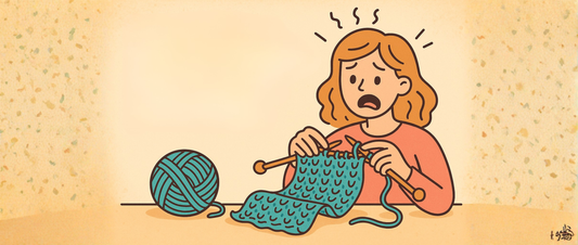 Een vrouw die geschrokken en balend kijkt naar haar haakwerk dat opkrult