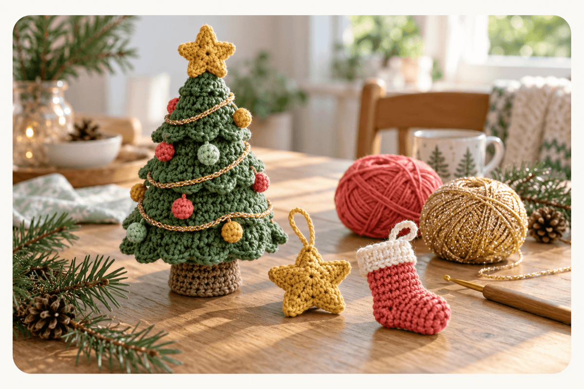 Foto van een gehaakt mini kerstboompje en kerstornamenten op een houten tafel bij dennentakjes