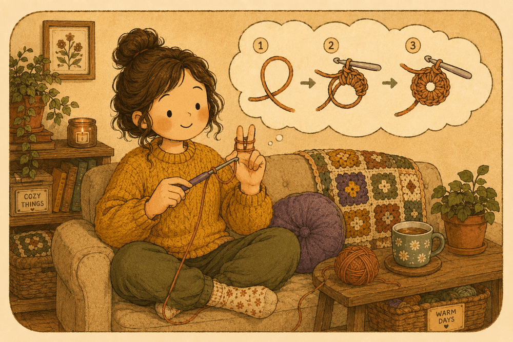 Illustratie van een personage dat een magische ring legt, met een gedachtebubbel van de drie stappen