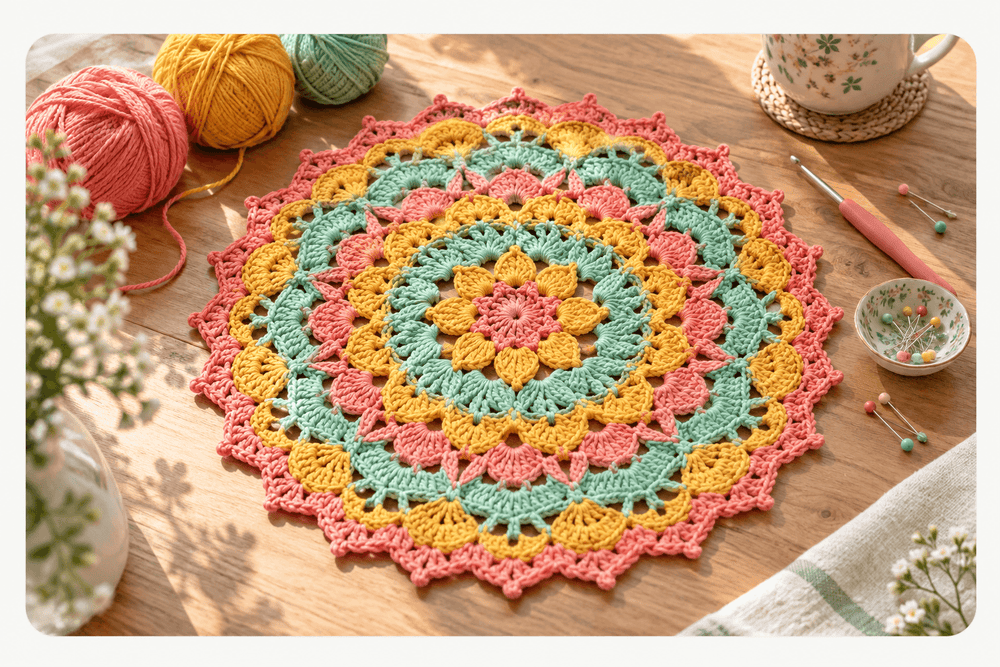 Foto van een kleurrijke gehaakte mandala in koraalroze, geel en mintgroen, plat uitgestald op een houten tafel