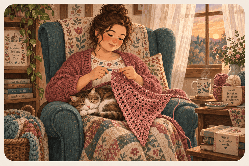 Illustratie van een personage dat een driehoekige omslagdoek haakt in een leunstoel bij het raam, met een dutten kat op schoot