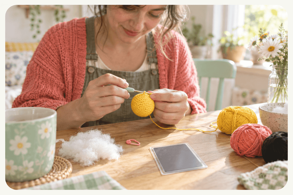Handen die een klein geel amigurumi-figuurtje haken, met bollen garen en een verzamelkaart in een hoesje op tafel
