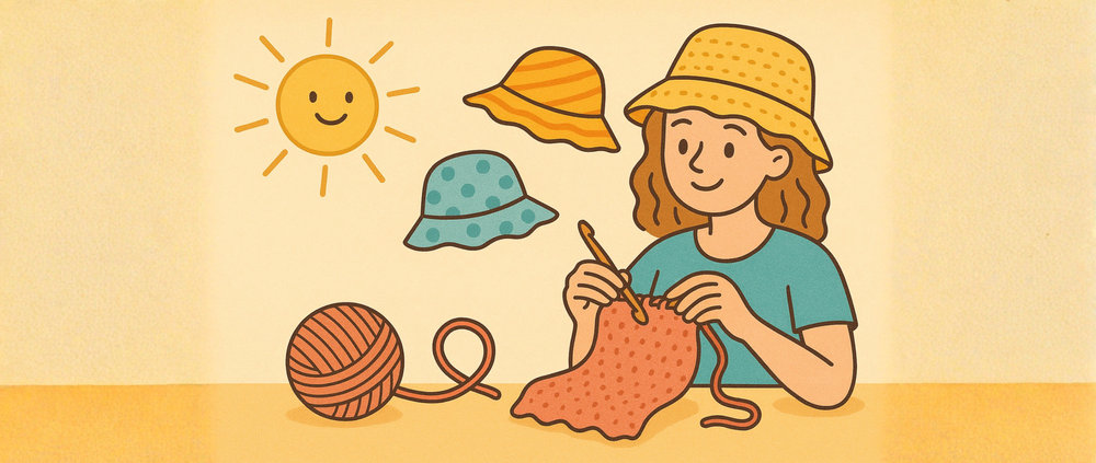 Een vrouw die aan het haken is met een zomerse bucket hat op