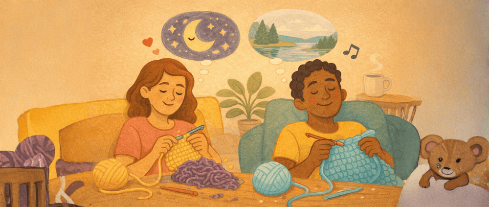 Rustgevende illustratie van twee mensen die ontspannen samen haken in een gezellige woonkamer, als symbool voor mindfulness, stressvermindering en de ontspannende werking van haken.