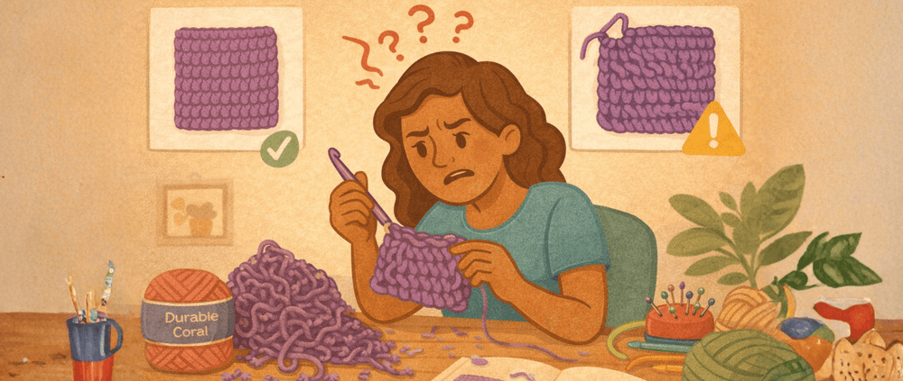 Illustratie van een gefrustreerde haakster die haar haakwerk vergelijkt met het patroon, met ongelijkmatige steken en losse draden, als visuele uitleg van veelgemaakte haakfouten bij beginners en gevorderden.