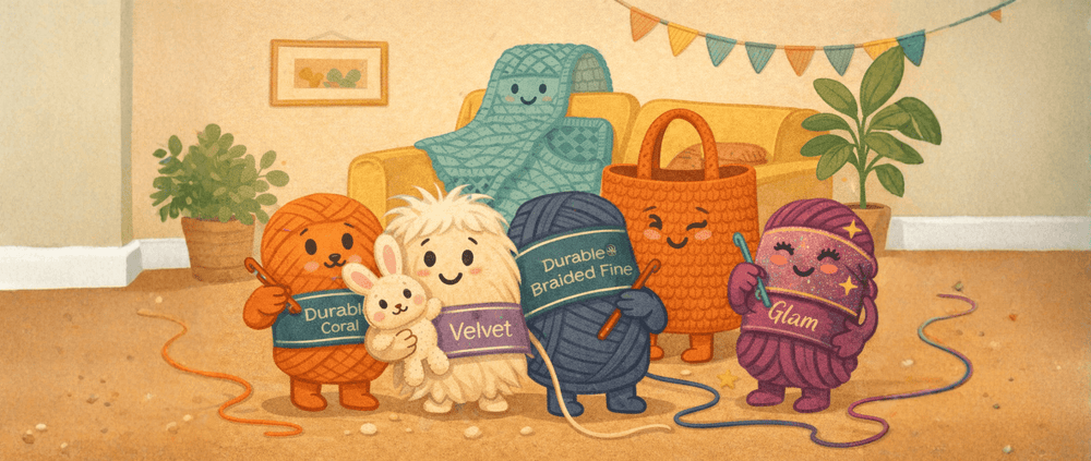 Vrolijke cartoonillustratie van bollen garen met karakter die samen haakprojecten voorstellen, zoals een knuffel, tas en deken, in een gezellige creatieve setting vol inspiratie