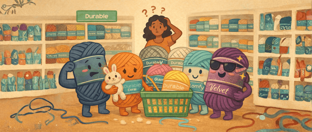 Speelse illustratie van verschillende Durable garens met karakter in een wolwinkel, waarbij elk garen een ander haakproject vertegenwoordigt zoals knuffels, tassen en accessoires.