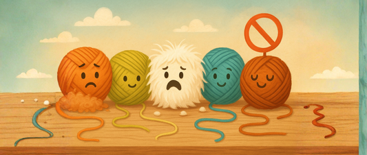 5 garens op een rij met de vraag: welke garens pluizen het minst?