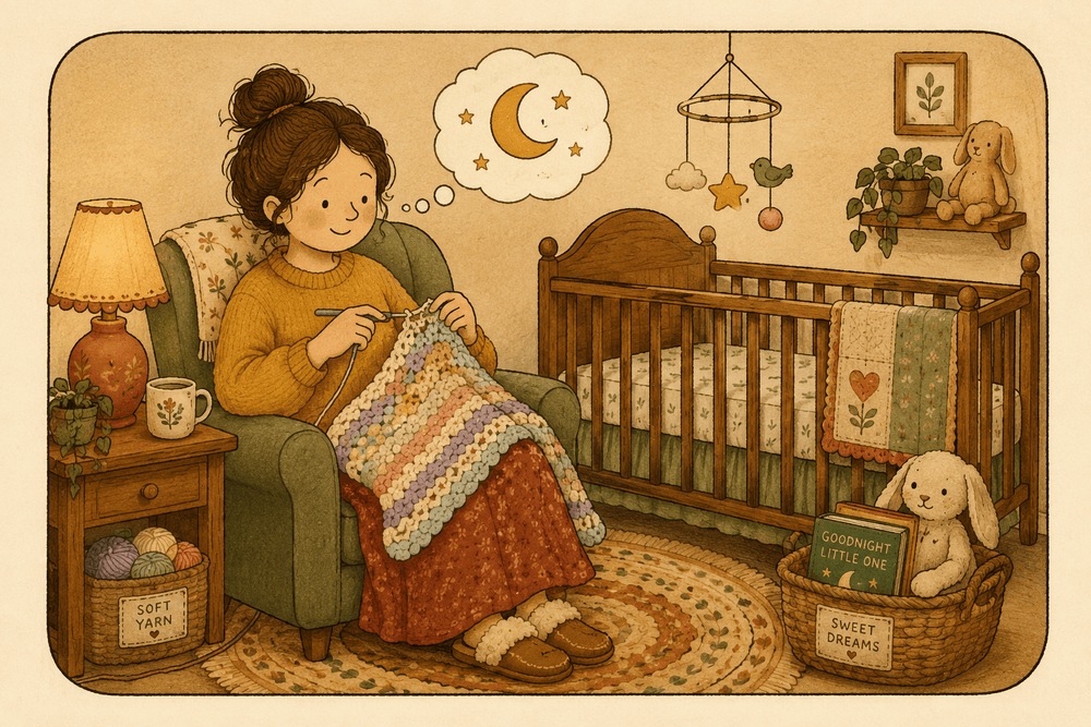 Illustratie van een personage dat een zacht pastel babydekentje haakt naast een wieg met een sterren-mobile