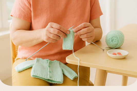Foto van handen die een mouwtje breien voor een mintgroen babyvestje, met het bijna afgemaakte vestje op schoot en koraalroze knoopjes op tafel