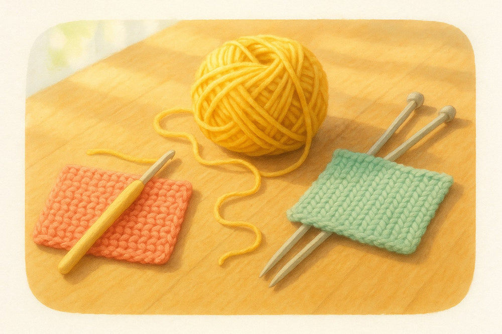 Foto van een haaknaald met een gehaakt lapje en breinaalden met een gebreid lapje naast elkaar op een tafel
