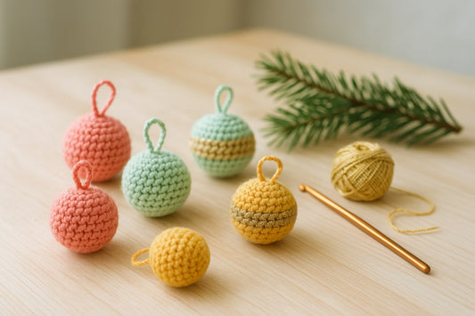 Foto van vijf gehaakte kerstballen in koraalroze, mintgroen en geel, twee met een gouden glansrand, naast een haaknaald en een dennentakje