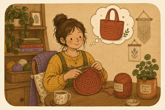 Illustratie van een personage dat een gehaakte tas haakt, met een gedachtebubbel van de afgewerkte marktas